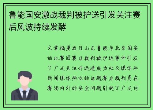 鲁能国安激战裁判被护送引发关注赛后风波持续发酵